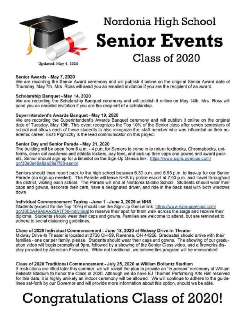 Nordonia High School Senior Events Class of 2020 | Nordonia Hills News