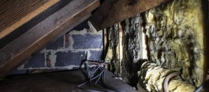 A small attic with old wooden support boards on one side and a wall of exposed, deteriorating insulation on the other.