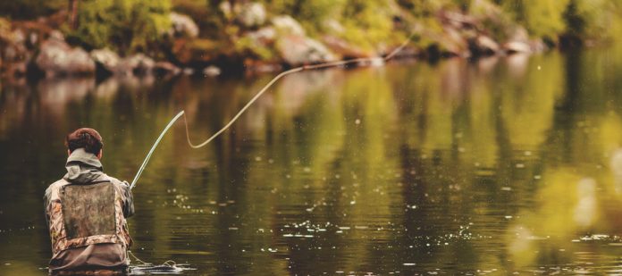 An angler in waist-deep water casting a fly fishing line in a green river with trees hanging low off the shore in the background.