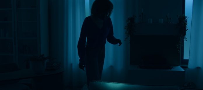 A woman's silhouette in a dark living room. The windows behind her let in minimal light through the curtain.