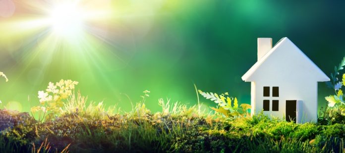 A close-up of a small, white construction paper home in mossy, green grass with the sun shining in the background.