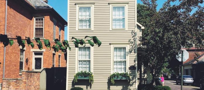 A narrow two-story property with clean siding, clear windows, and window sill planters on a corner in Columbus, Ohio.