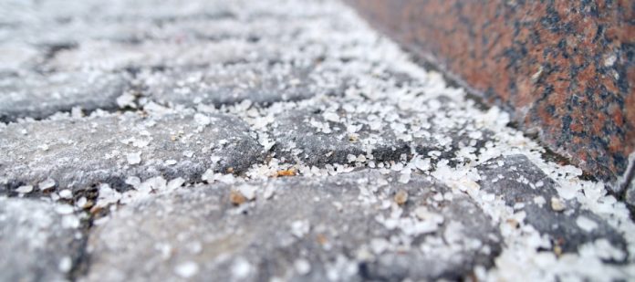 A close-up of a brick road near the curb with a healthy amount of rock salt scattered on the bricks and in the grooves.