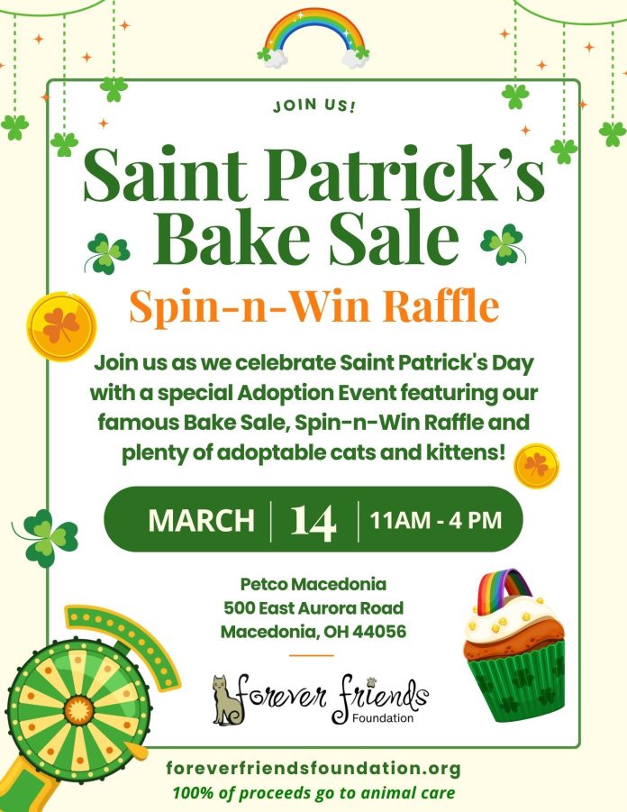 Graphic promoting the Forever Friends Foundation St. Paddy’s Day Pet Event at Petco in Macedonia on March 14 from 11 a.m. to 4 p.m., featuring cat adoptions, a bakery sale, Spin-n-Win prizes, and appearances by a leprechaun and cat mascot.