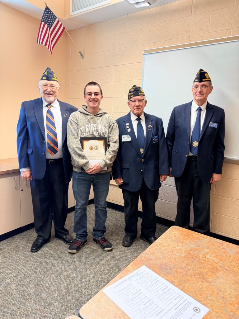 Nordonia High School student receives certificate from American Legion Post 801 for Americanism and Government Test achievement