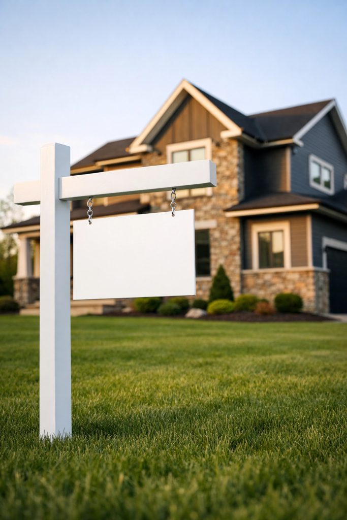 Real estate for sale sign in front of modern Solon home representing strategic home selling