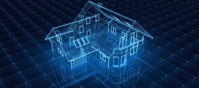A house is in a blueprint-like landscape. The house is an outline and the surrounding area is a flat grid.
