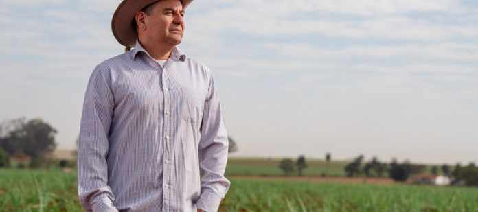 A man wearing a cowboy hat and plaid shirt standing in a green agricultural field beneath a cloudy sky.