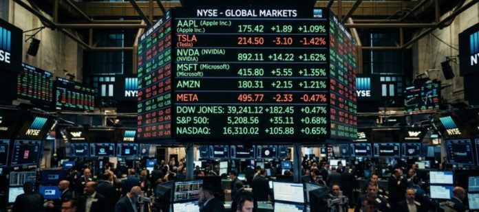 The trading floor of the New York Stock Exchange with a large, suspended informational screen displaying global market data.